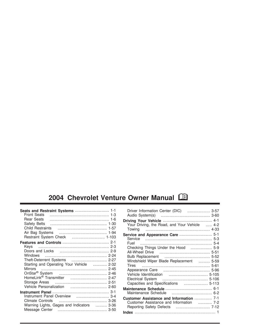 2004 Chevrolet Venture Owner's Manual